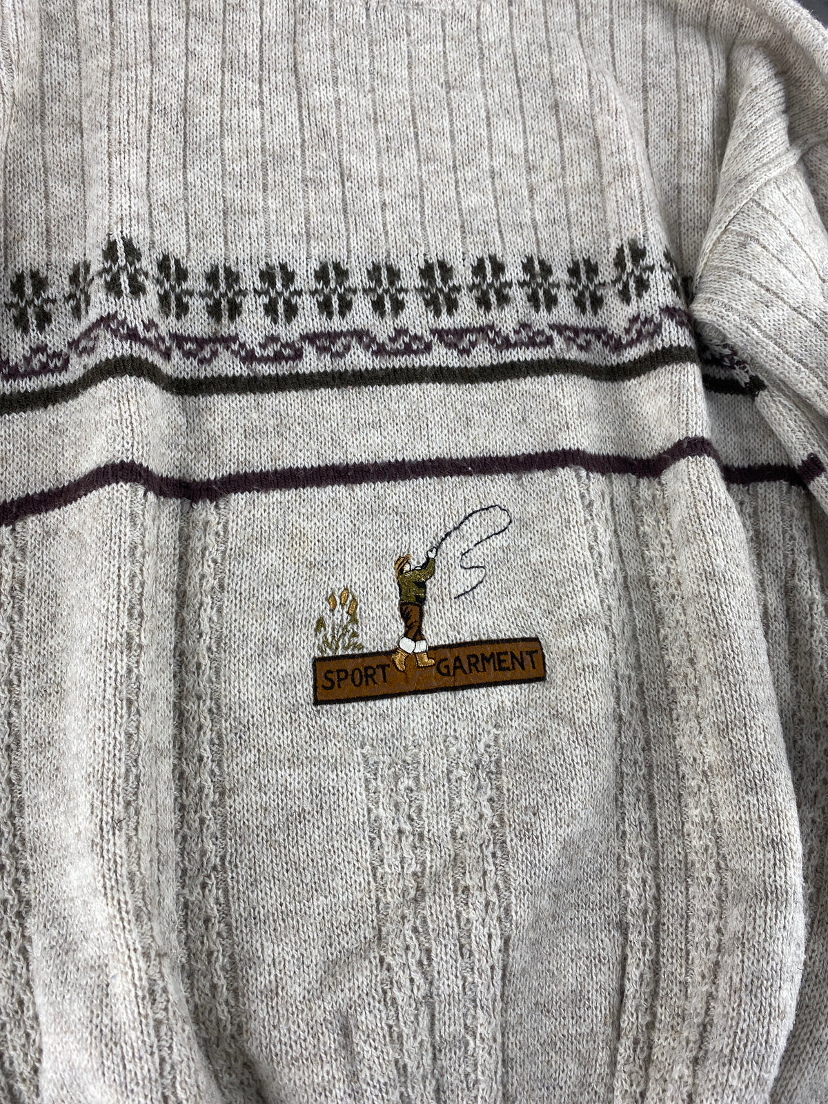 Maglione girocollo lana beige avena banda jacquard vintage – Uomo Taglia L