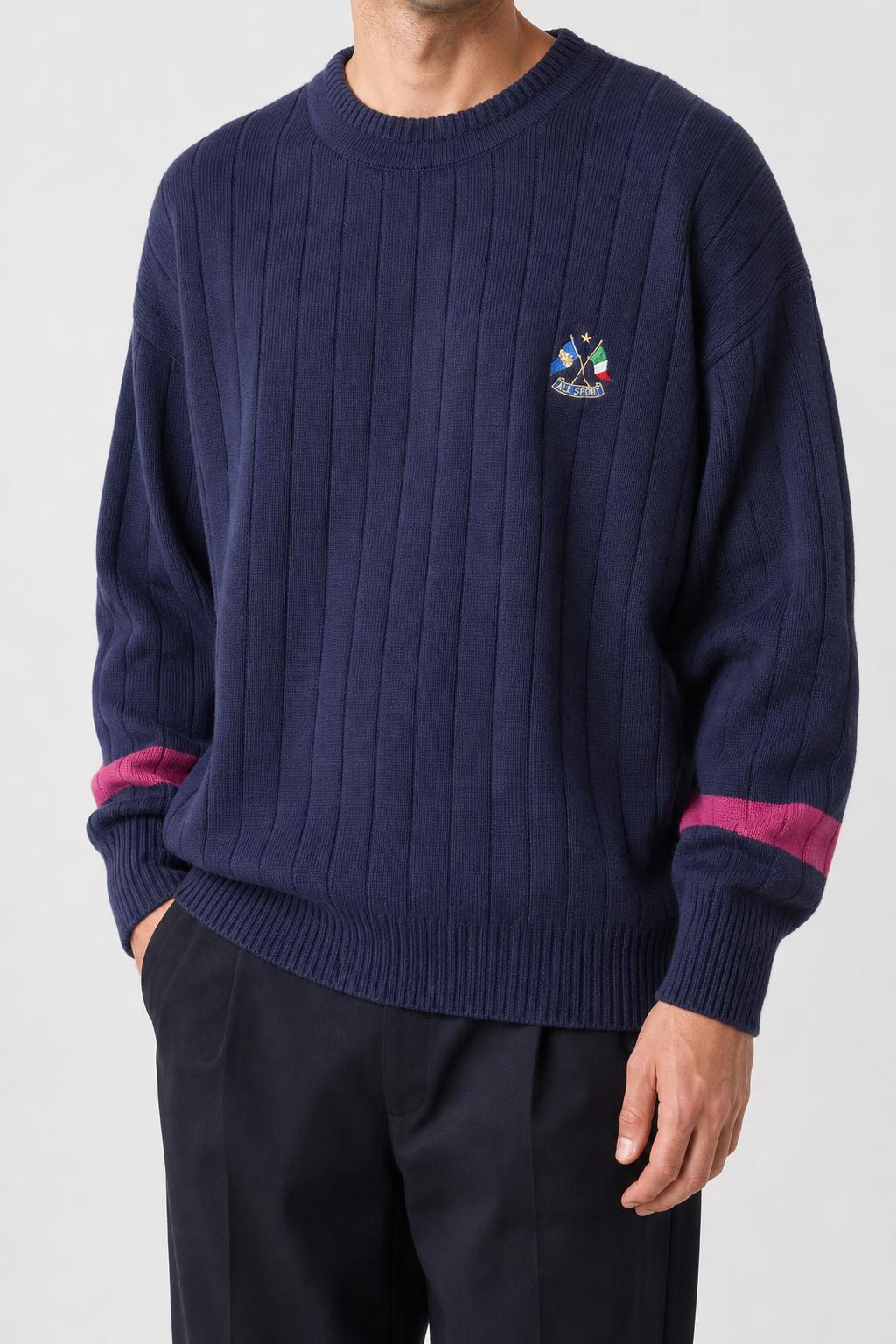 Maglione scollo a V lana Blumarine blu navy righe fucsia vintage – Uomo Taglia L