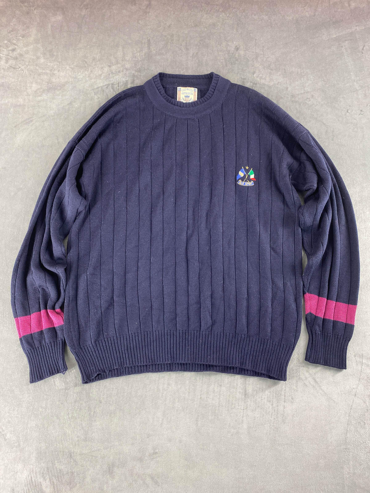 Maglione scollo a V lana Blumarine blu navy righe fucsia vintage – Uomo Taglia L