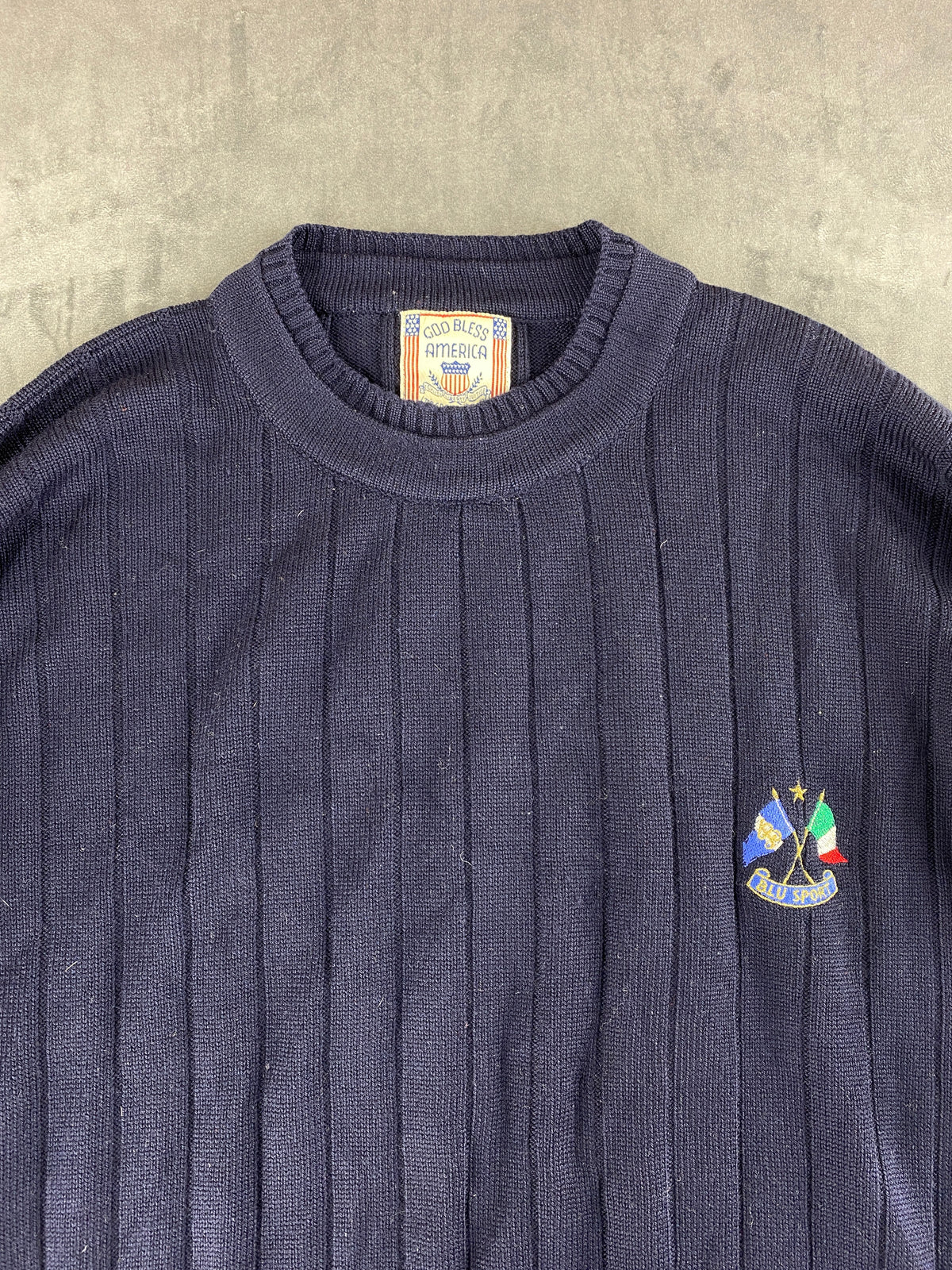 Maglione scollo a V lana Blumarine blu navy righe fucsia vintage – Uomo Taglia L