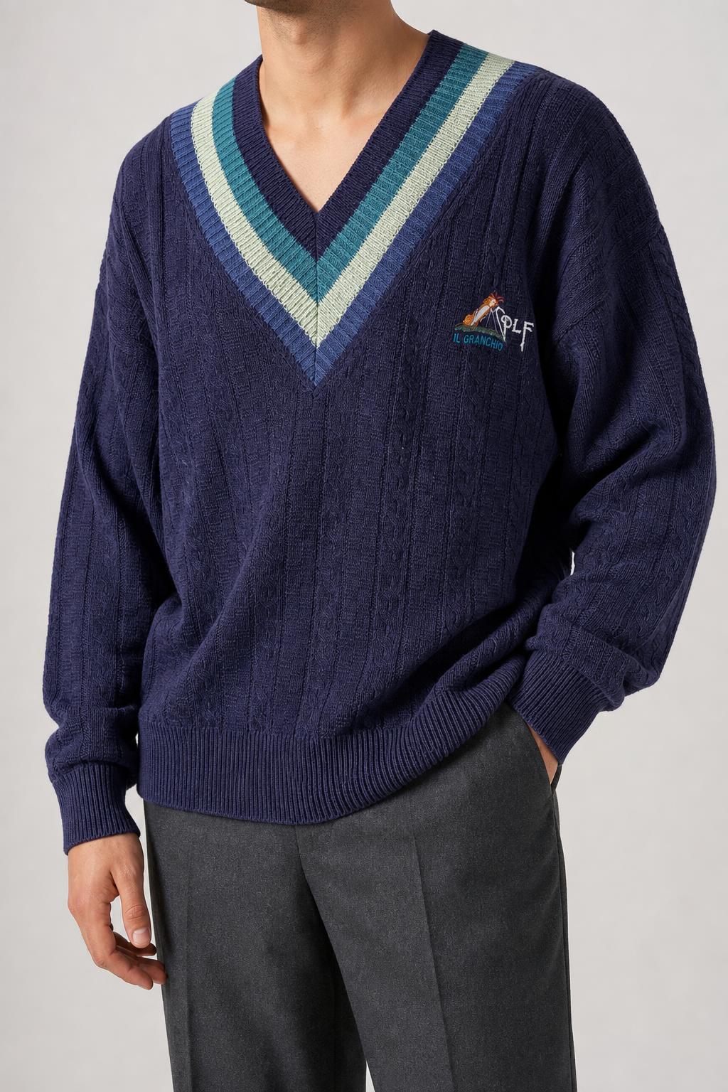 Maglione scollo a V Il Granchio blu navy bande verde vintage – Uomo Taglia L