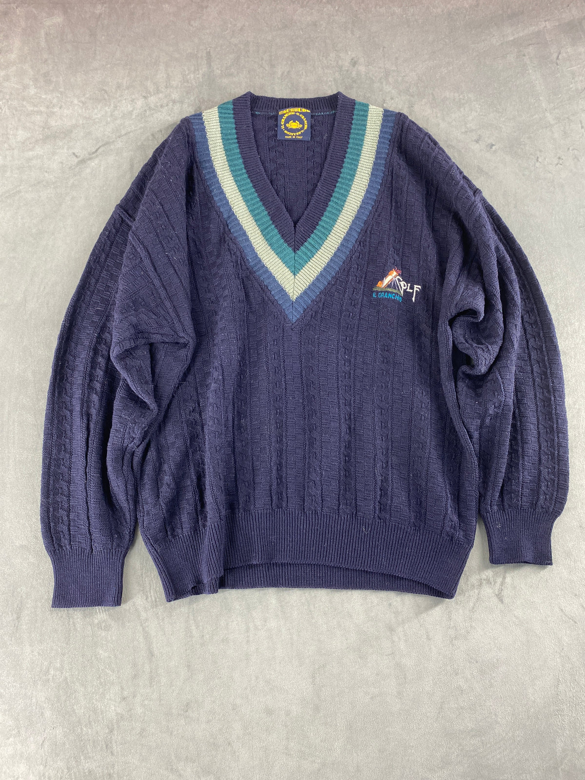 Maglione scollo a V Il Granchio blu navy bande verde vintage – Uomo Taglia L