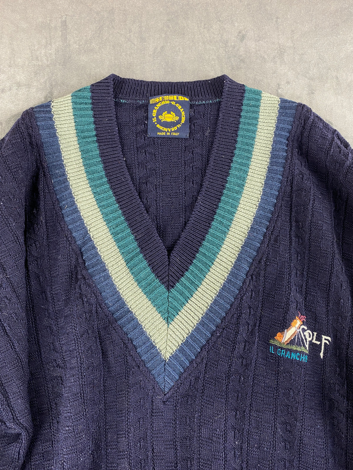 Maglione scollo a V Il Granchio blu navy bande verde vintage – Uomo Taglia L