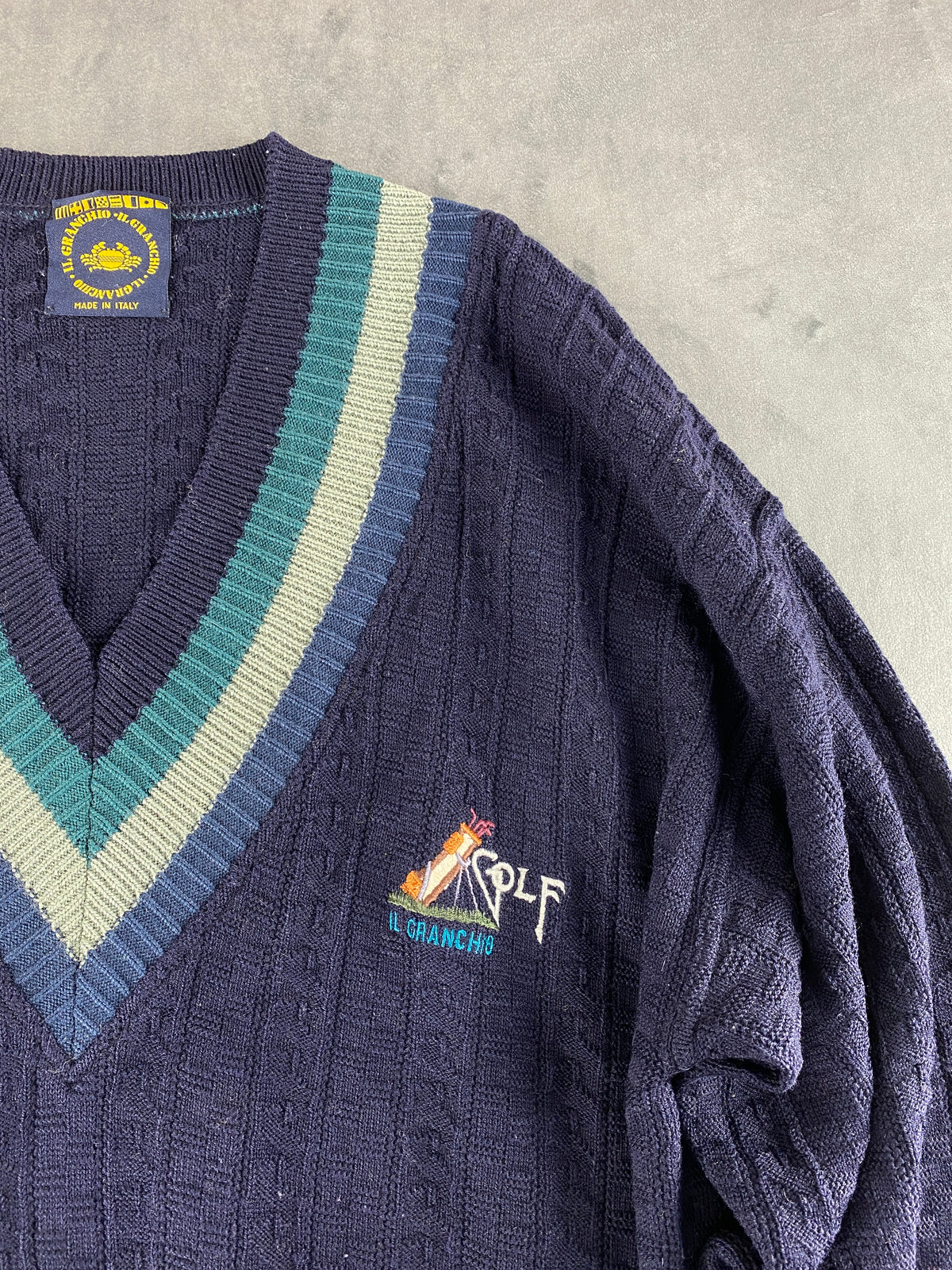 Maglione scollo a V Il Granchio blu navy bande verde vintage – Uomo Taglia L