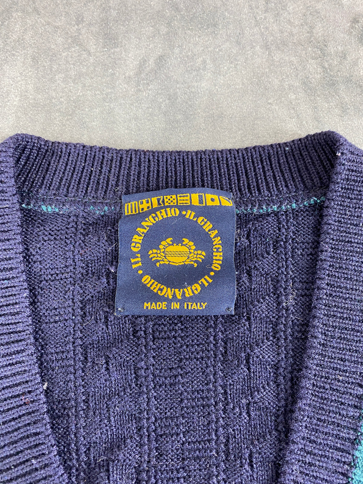 Maglione scollo a V Il Granchio blu navy bande verde vintage – Uomo Taglia L