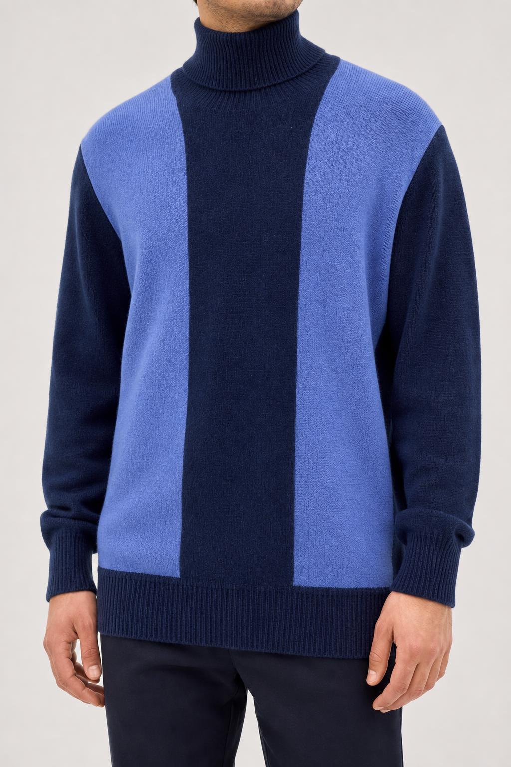 Maglione girocollo color block blu lana vintage – Uomo Taglia L
