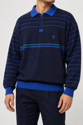 Maglione colletto polo blu navy righe lana vintage – Uomo Taglia L