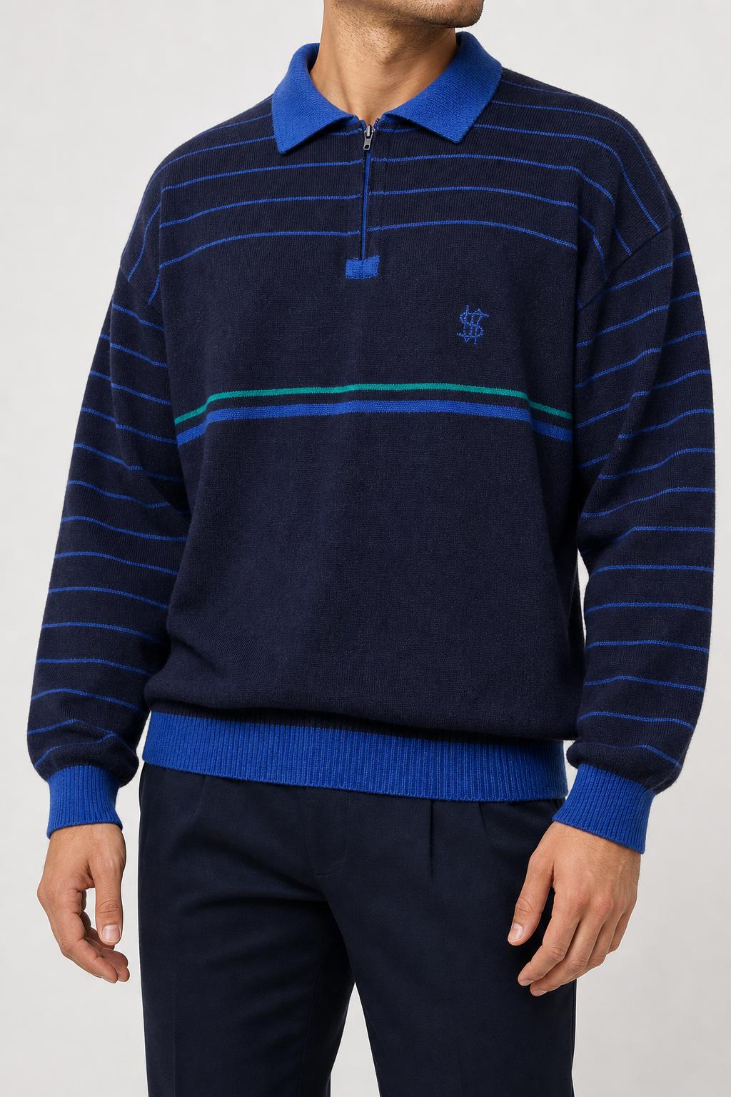 Maglione colletto polo blu navy righe lana vintage – Uomo Taglia L