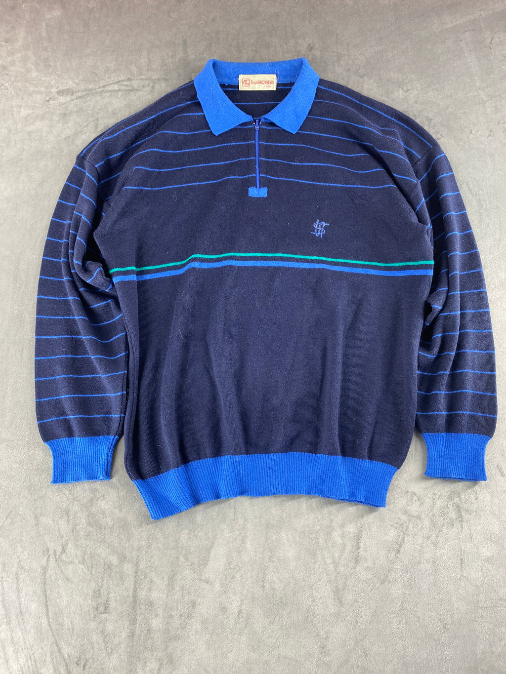 Maglione colletto polo blu navy righe lana vintage – Uomo Taglia L