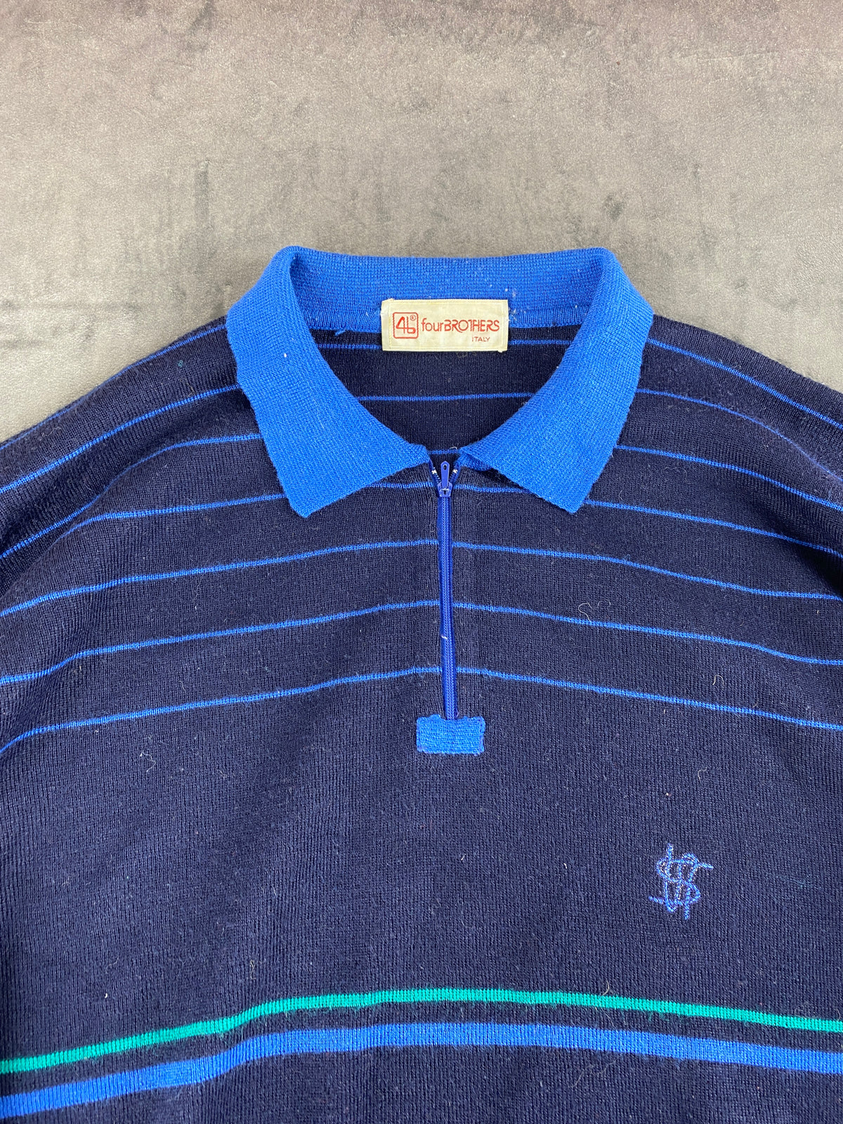 Maglione colletto polo blu navy righe lana vintage – Uomo Taglia L