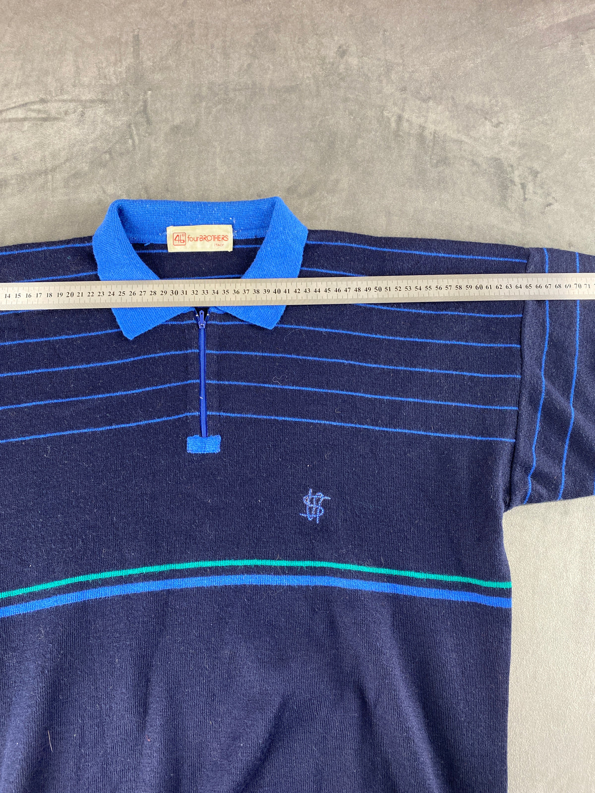 Maglione colletto polo blu navy righe lana vintage – Uomo Taglia L