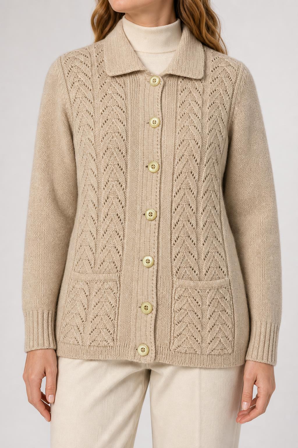 Cardigan colletto lana beige traforato vintage – Donna Taglia XL