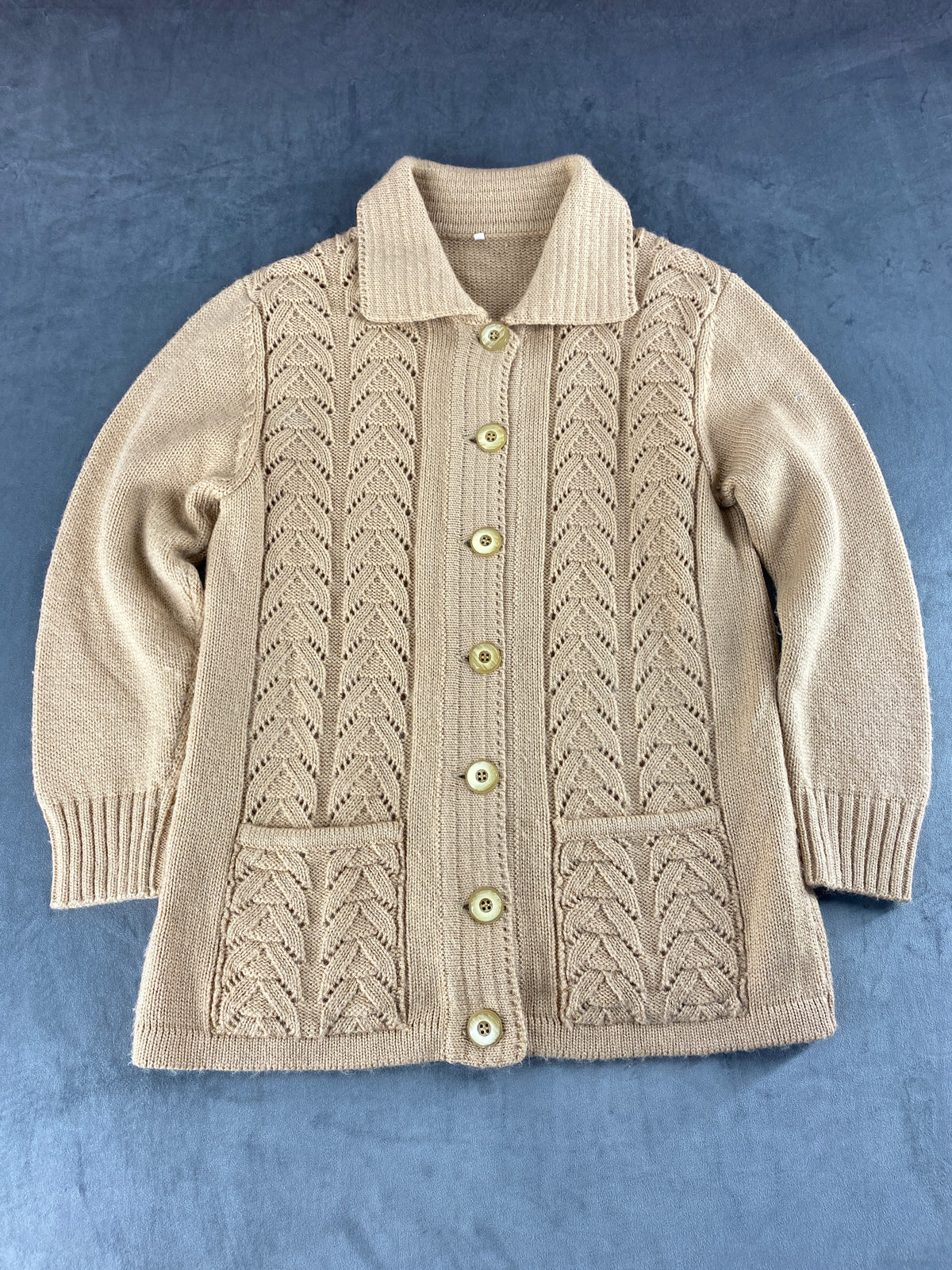 Cardigan colletto lana beige traforato vintage – Donna Taglia XL