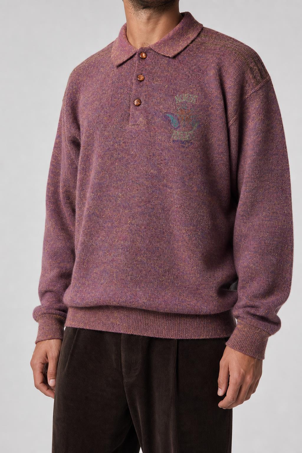 Maglione colletto polo North Valley malva mélange ricamo vintage – Uomo Taglia XL