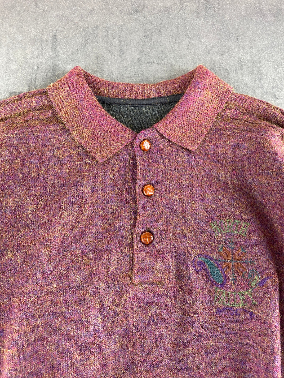 Maglione colletto polo North Valley malva mélange ricamo vintage – Uomo Taglia XL