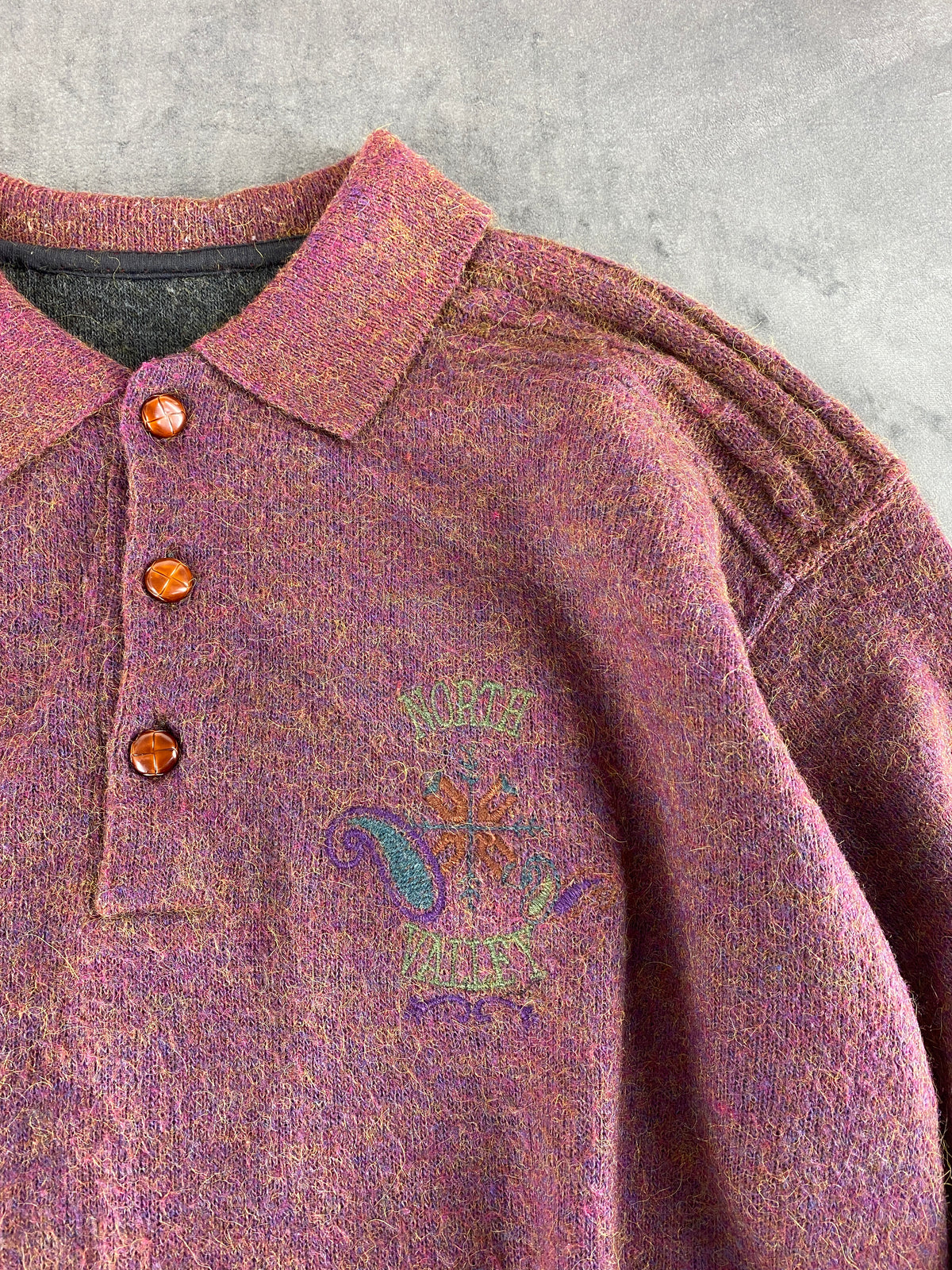 Maglione colletto polo North Valley malva mélange ricamo vintage – Uomo Taglia XL