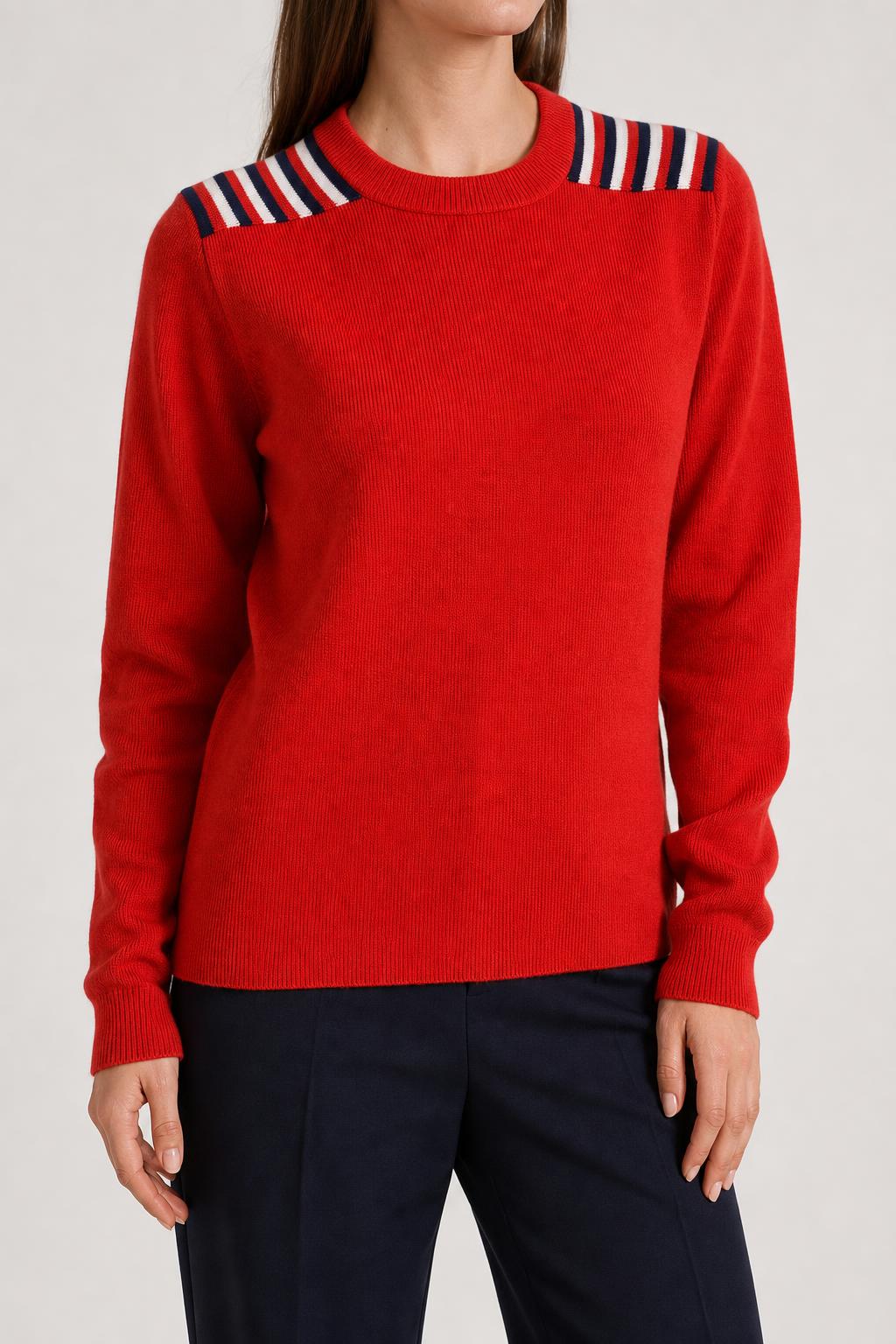 Maglione girocollo rosso bordi righe vintage – Donna Taglia XL