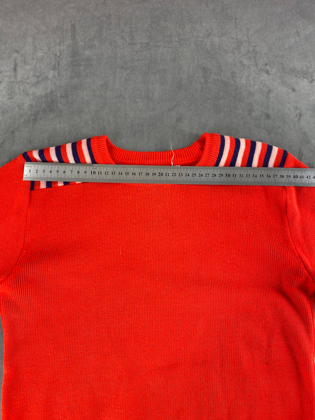 Maglione girocollo rosso bordi righe vintage – Donna Taglia XL