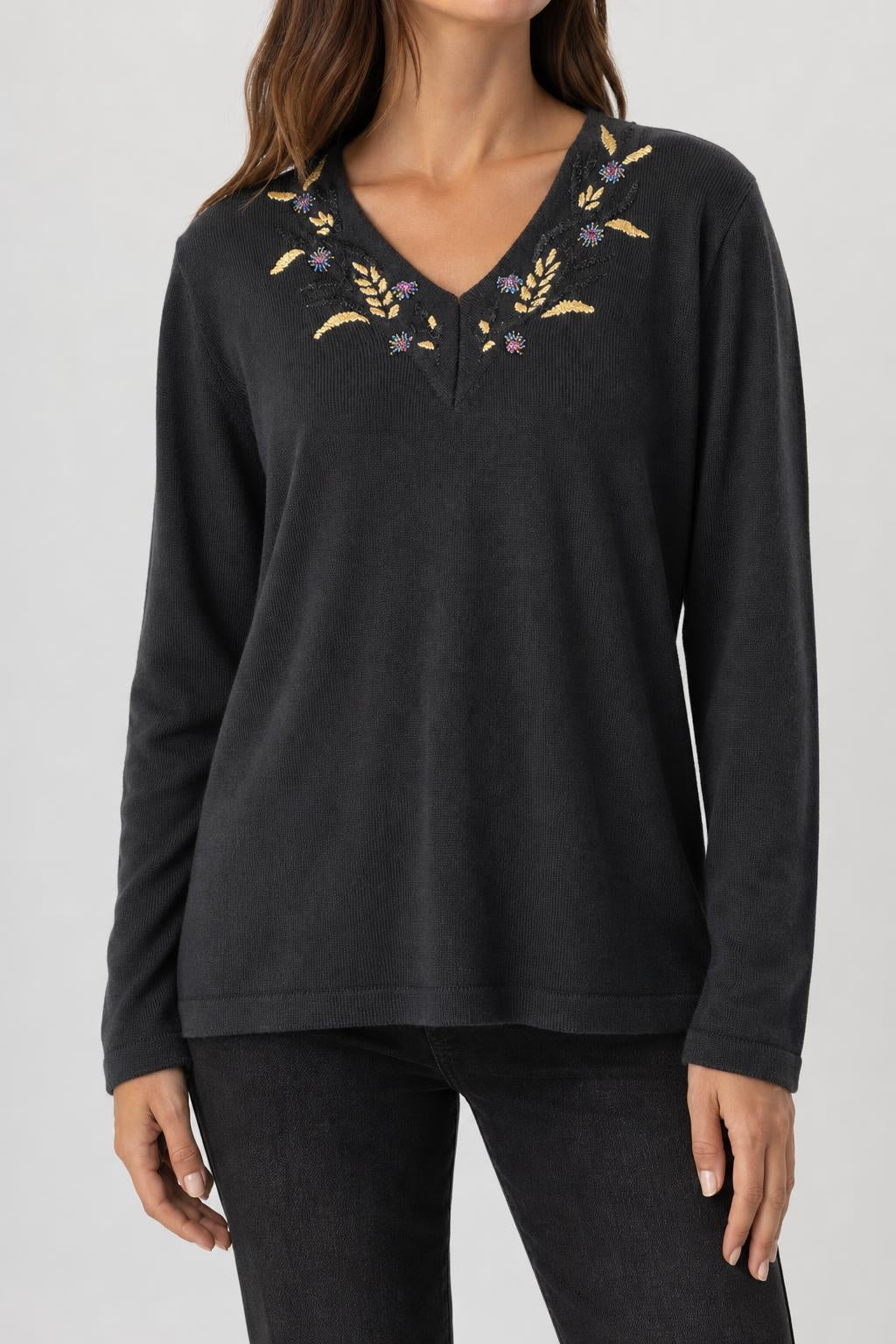 Maglione scollo a V lana ricamo floreale antracite Gitam vintage – Donna Taglia XL