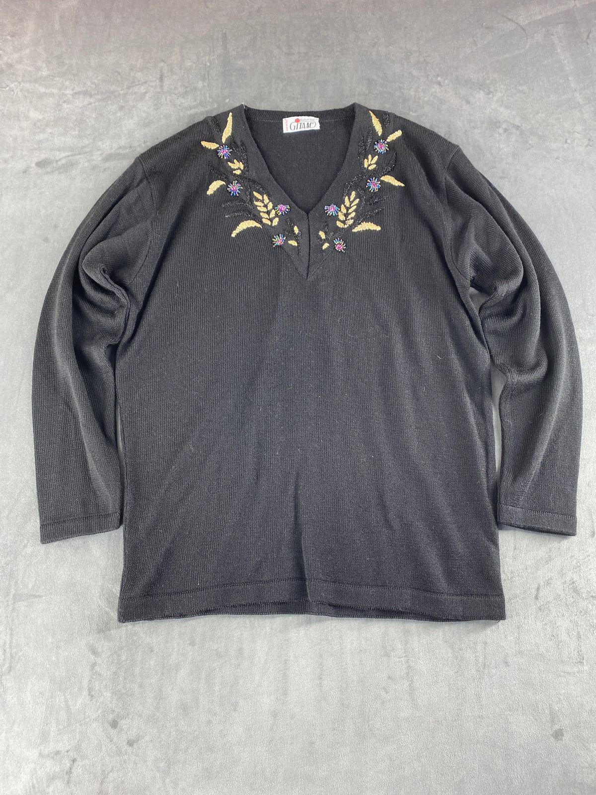 Maglione scollo a V lana ricamo floreale antracite Gitam vintage – Donna Taglia XL