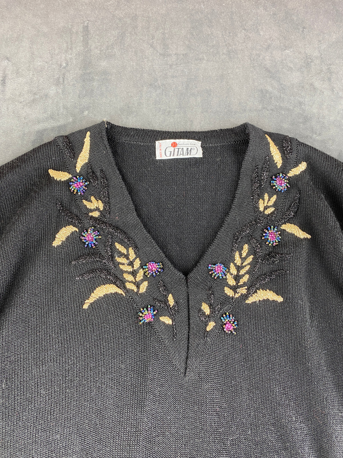 Maglione scollo a V lana ricamo floreale antracite Gitam vintage – Donna Taglia XL