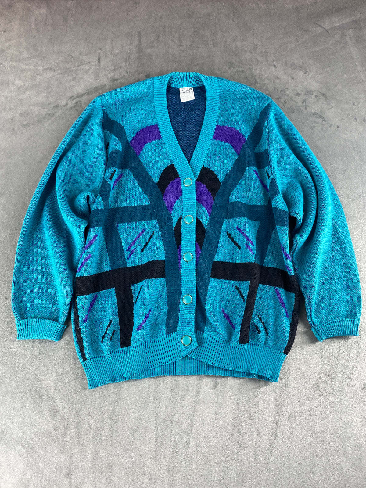 Cardigan scollo a V turchese fantasia astratta Schoeller vintage – Donna Taglia XL