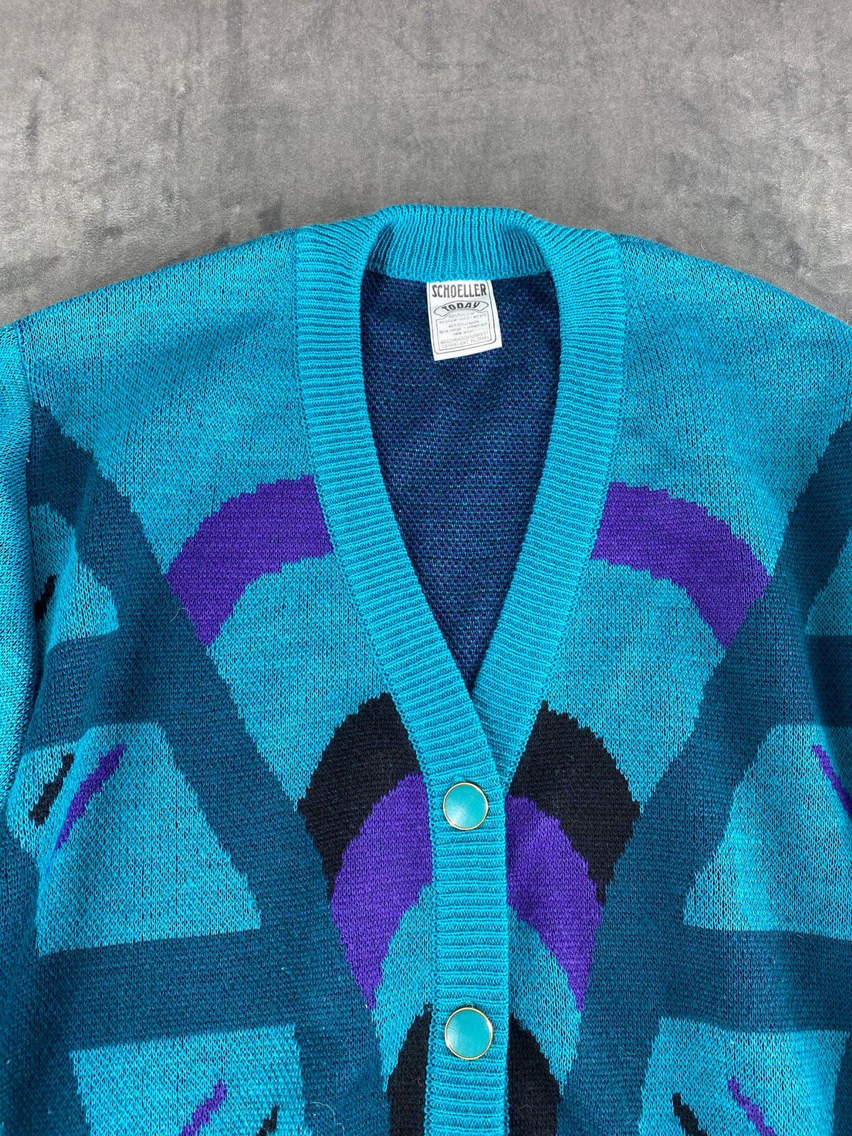 Cardigan scollo a V turchese fantasia astratta Schoeller vintage – Donna Taglia XL
