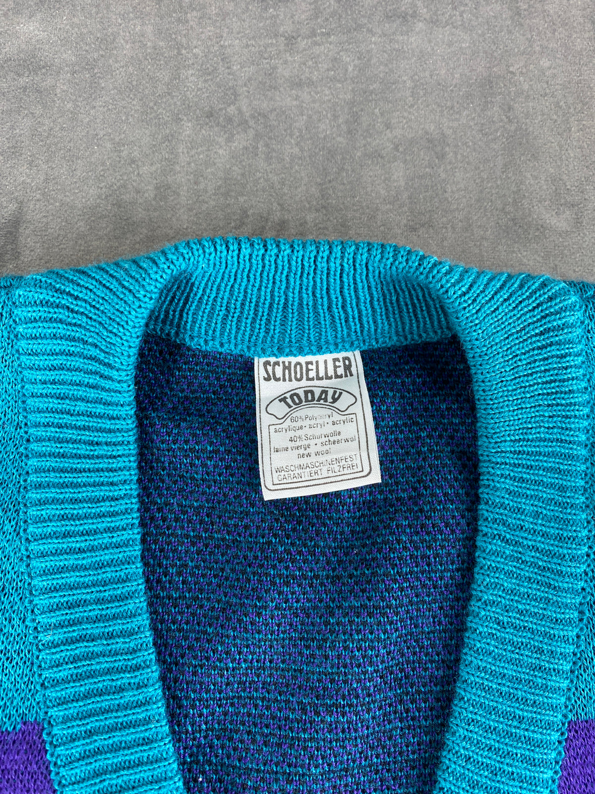 Cardigan scollo a V turchese fantasia astratta Schoeller vintage – Donna Taglia XL