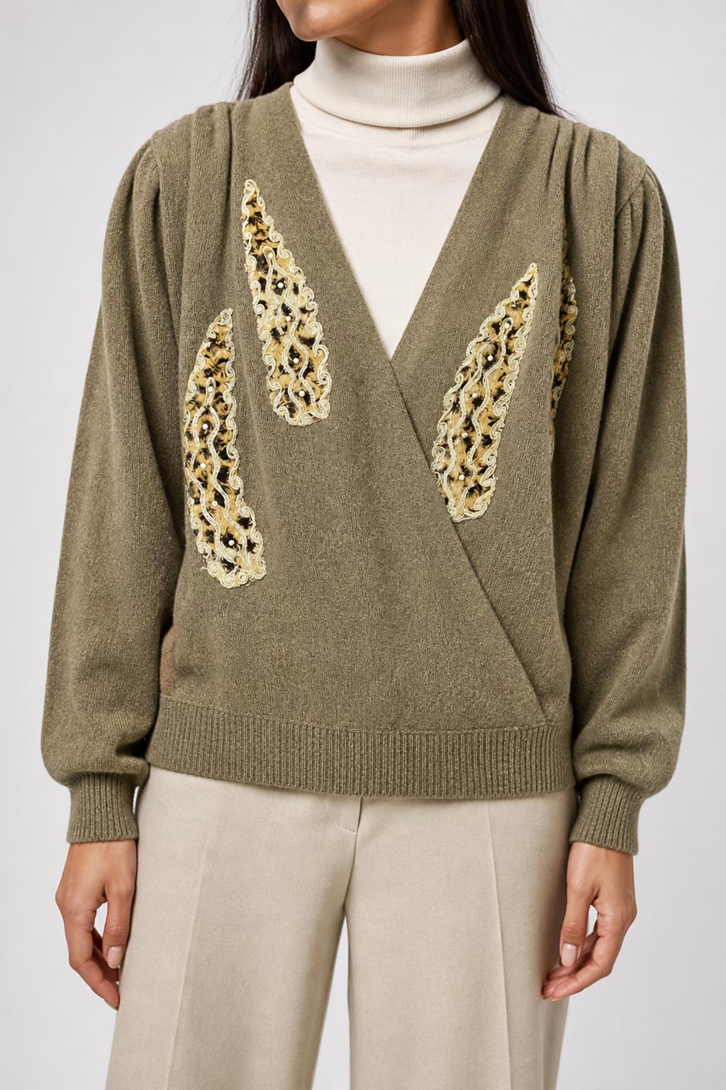 Maglione scollo a V angora lana verde oliva paillettes vintage – Donna Taglia XL