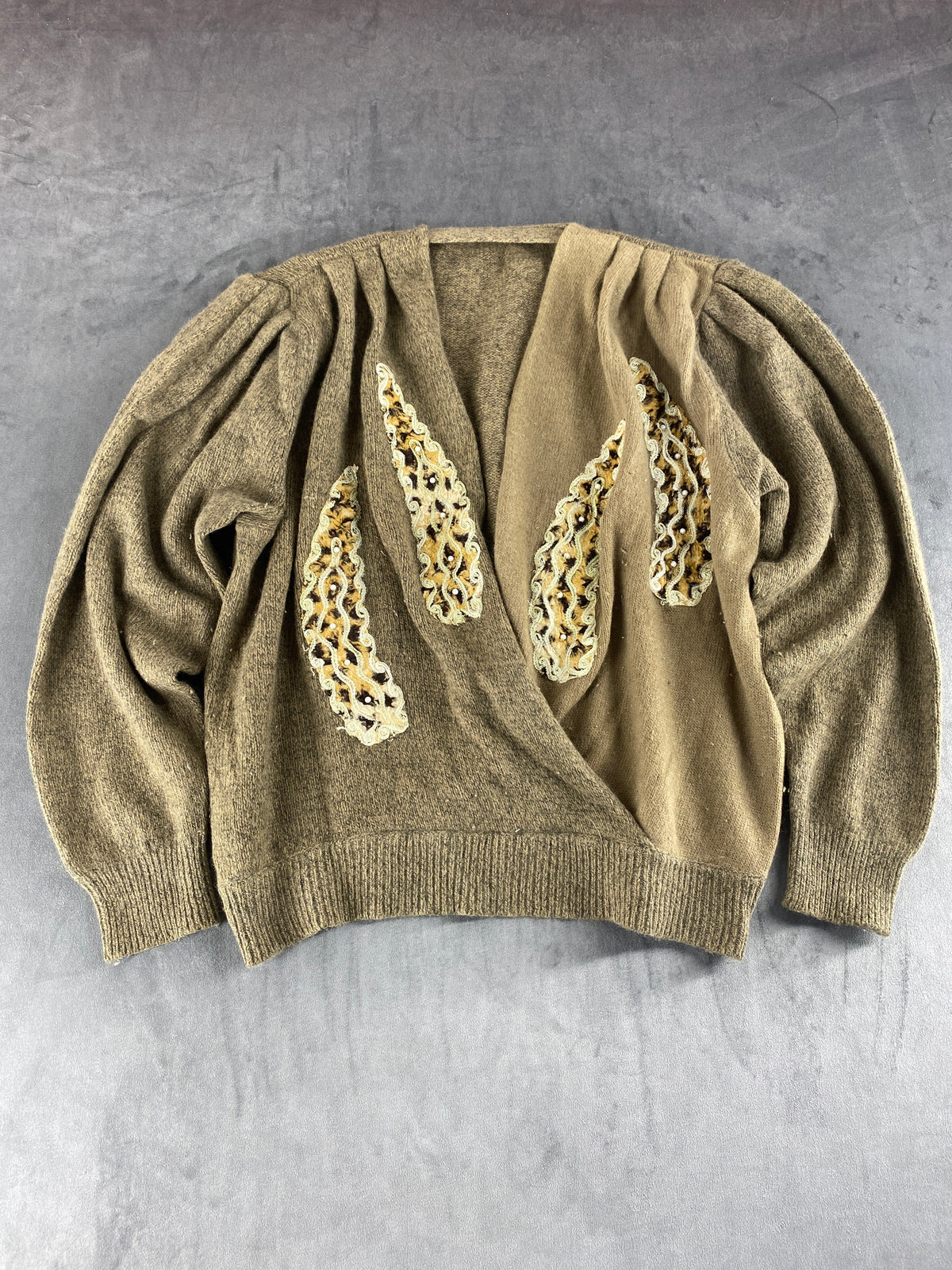 Maglione scollo a V angora lana verde oliva paillettes vintage – Donna Taglia XL