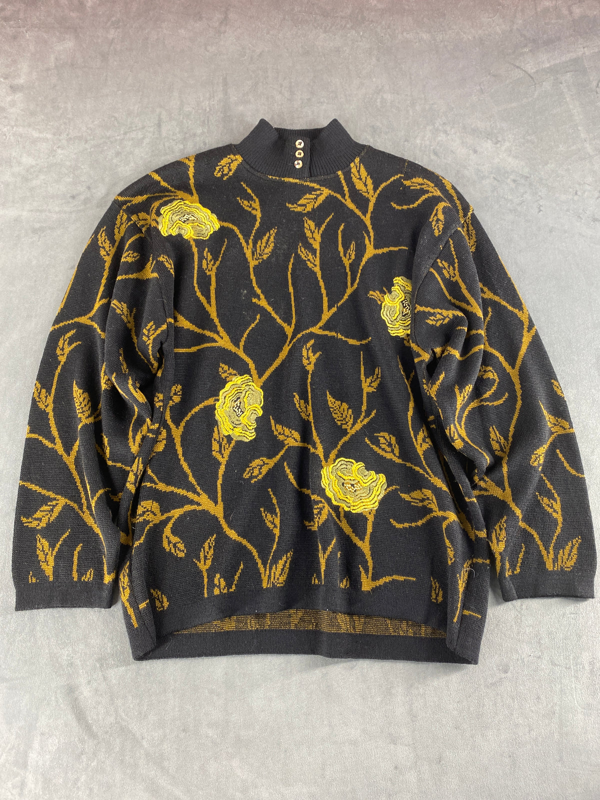 Maglione collo alto lana Jaccardo nero fantasia floreale vintage – Donna Taglia XL