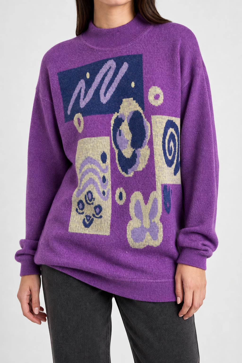 Maglione collo alto viola fantasia astratta vintage – Donna Taglia XL