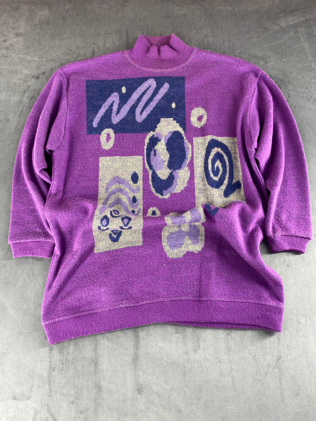 Maglione collo alto viola fantasia astratta vintage – Donna Taglia XL