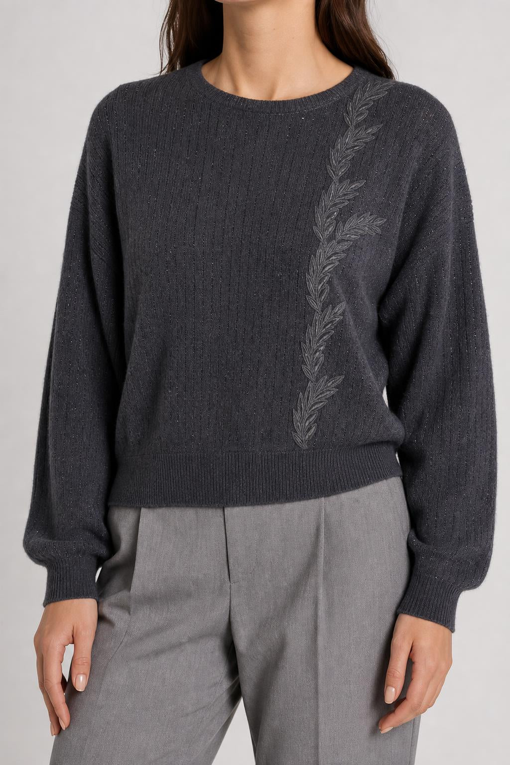 Maglione girocollo lana angora antracite ricamo vintage – Donna Taglia XL