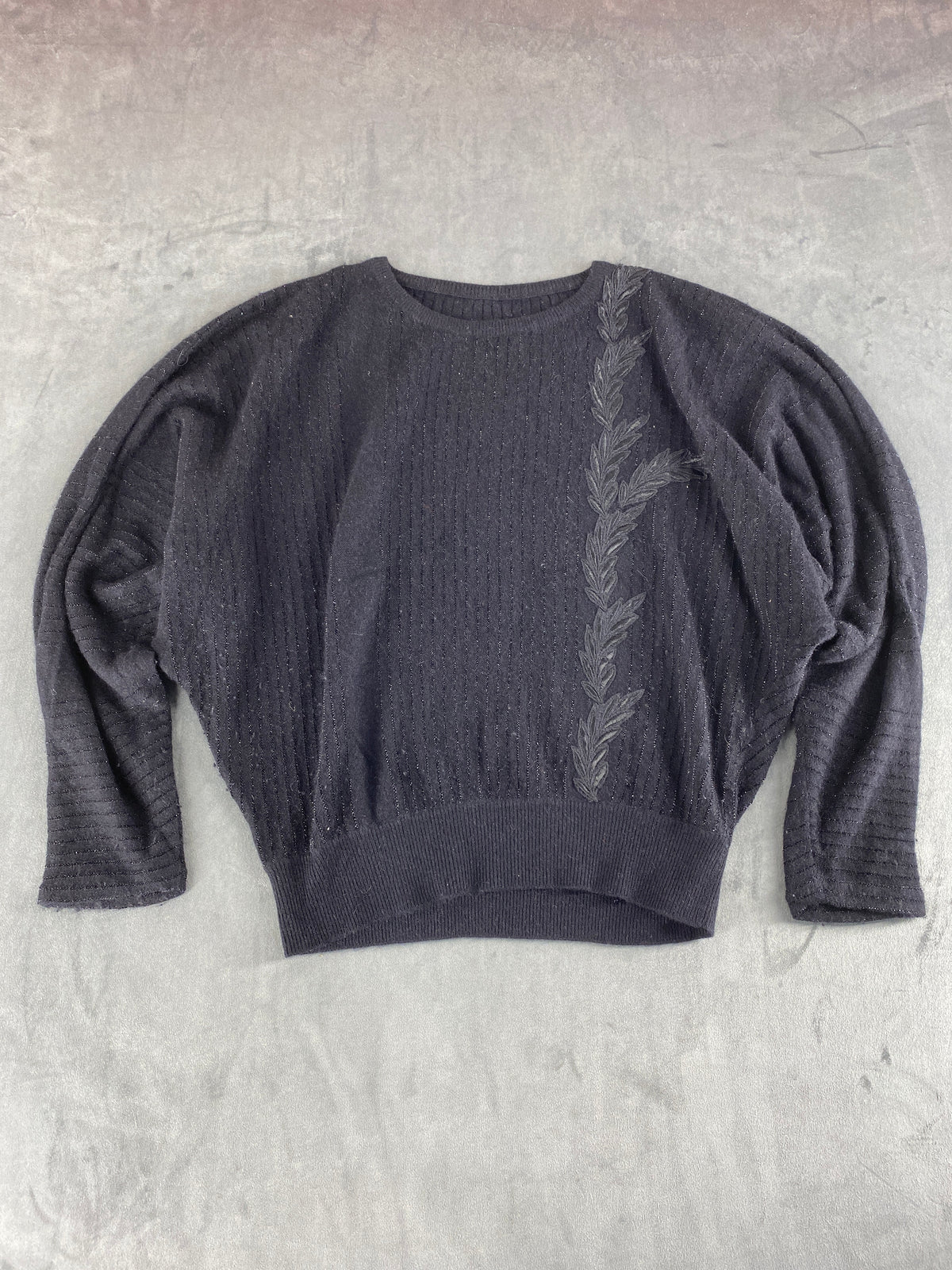 Maglione girocollo lana angora antracite ricamo vintage – Donna Taglia XL