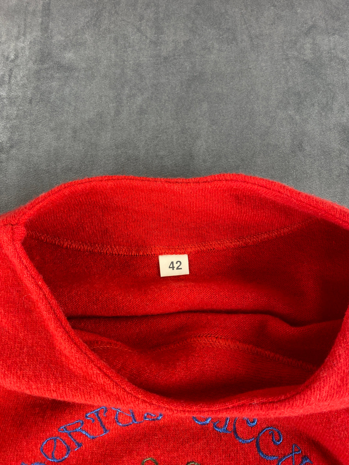 Maglione collo alto lambswool rosso ricamo floreale vintage – Donna Taglia XL