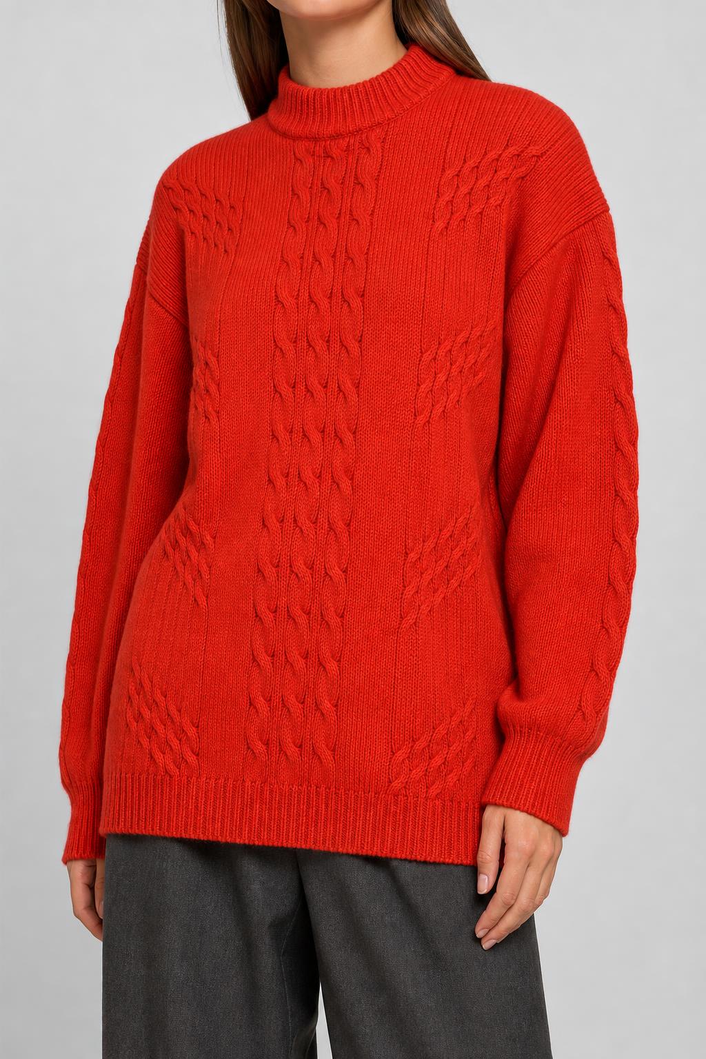 Maglione collo alto rosso trecce vintage – Donna Taglia XL