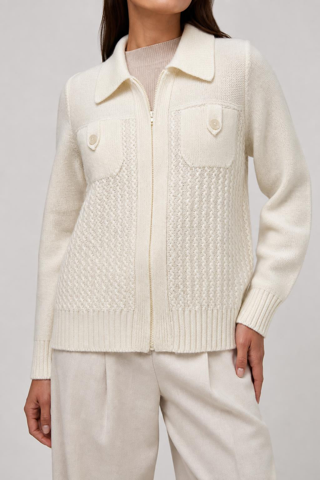 Cardigan full-zip lana panna colletto vintage – Donna Taglia XL