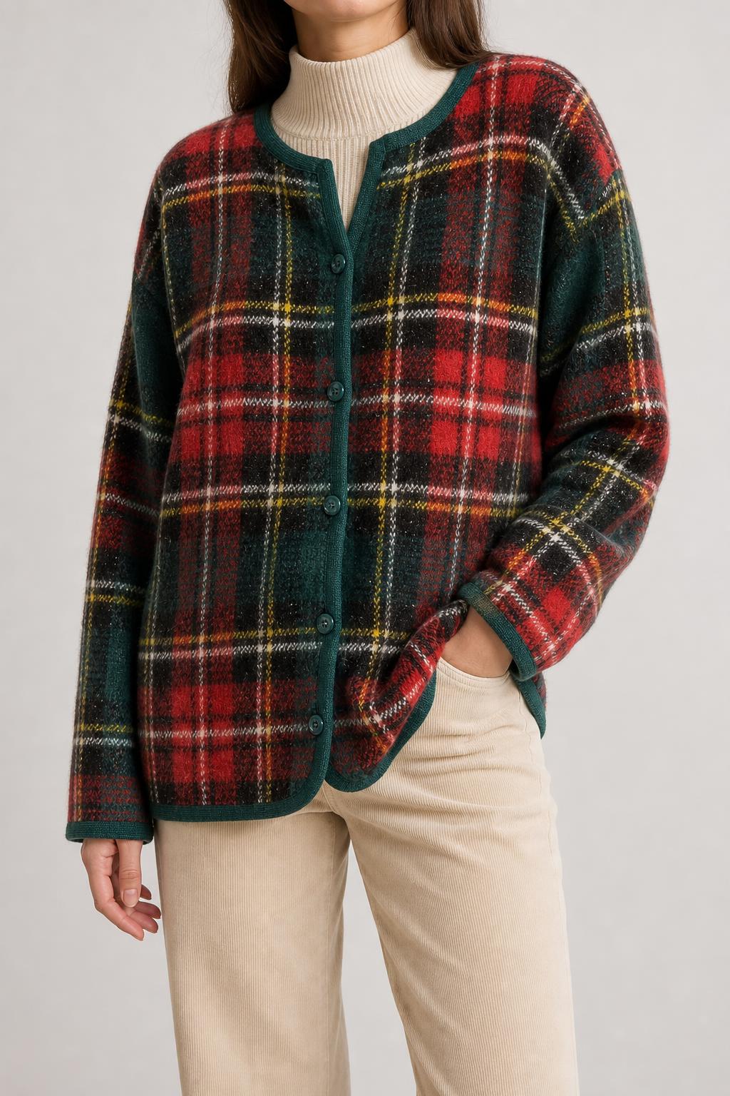 Giacca in maglia tartan rosso verde Les Bourdonnettes vintage – Donna Taglia XL