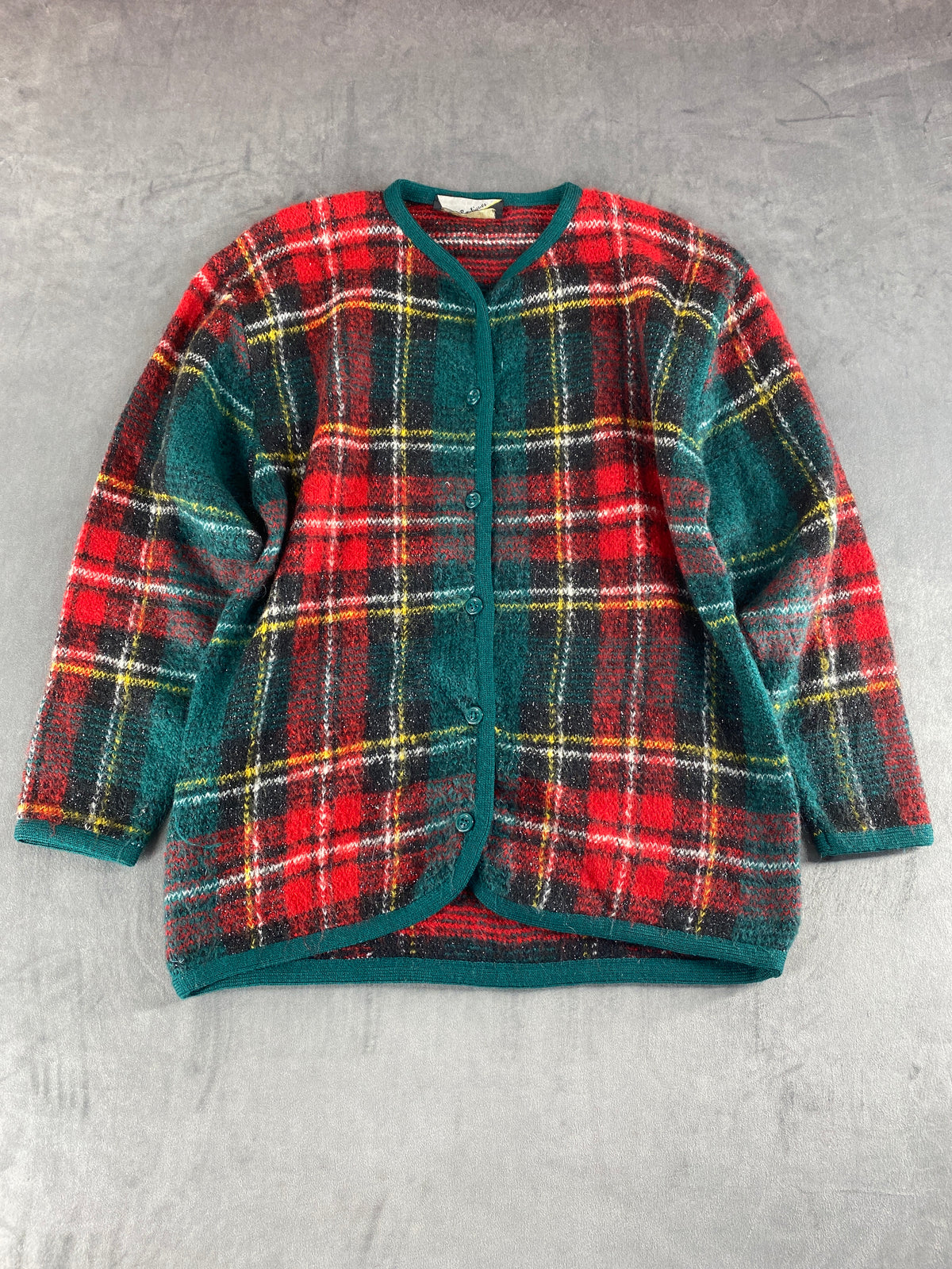 Giacca in maglia tartan rosso verde Les Bourdonnettes vintage – Donna Taglia XL