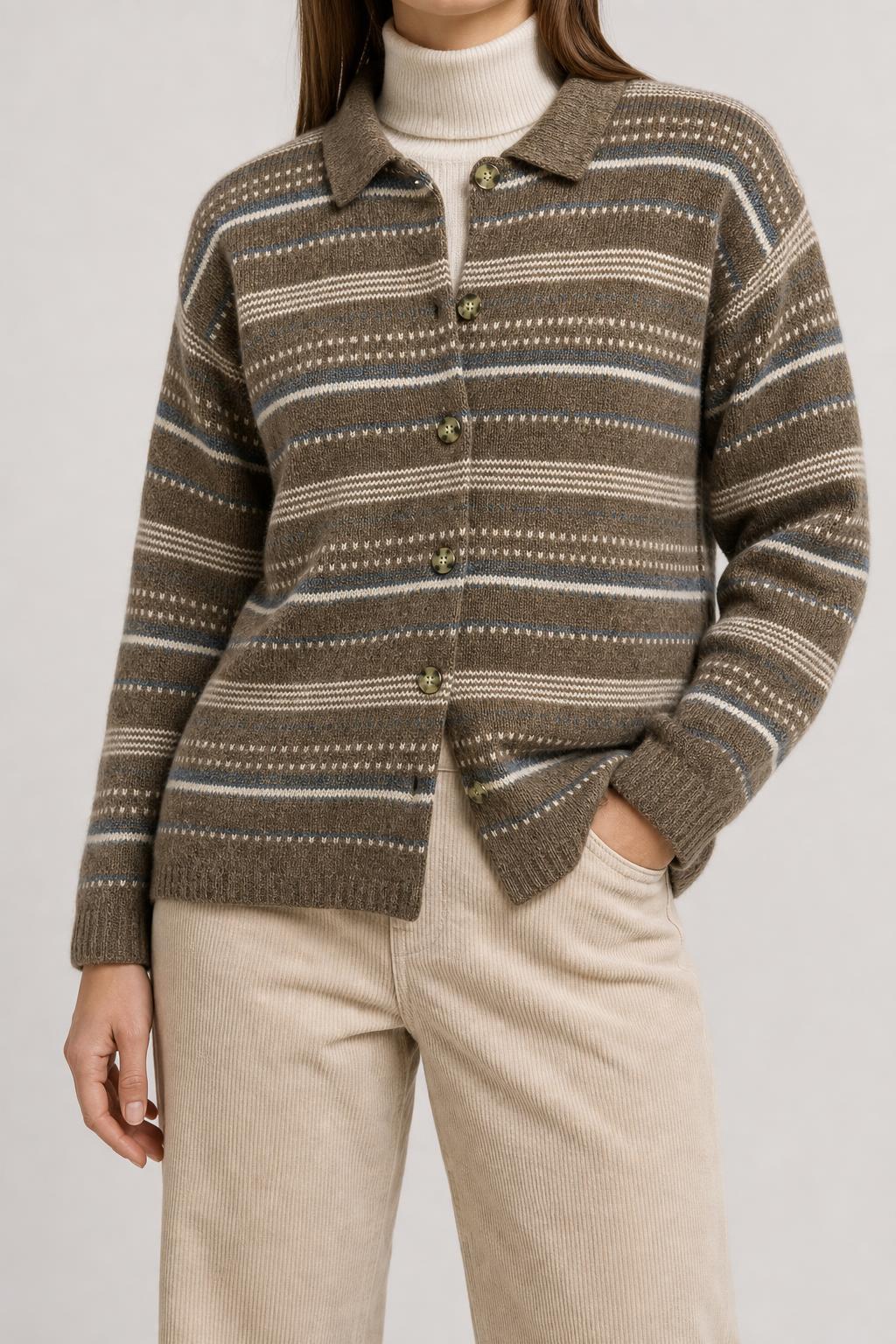 Cardigan colletto lana alpaca marrone righe Lerre vintage – Donna Taglia XL