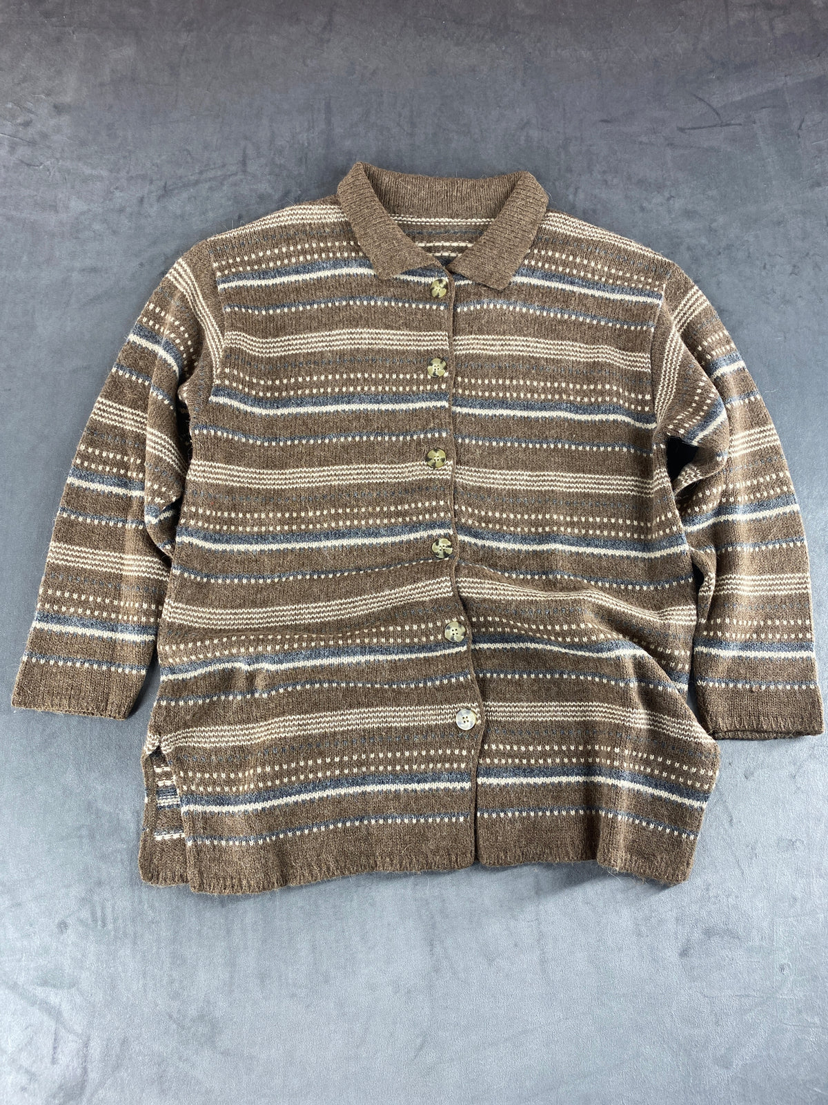 Cardigan colletto lana alpaca marrone righe Lerre vintage – Donna Taglia XL