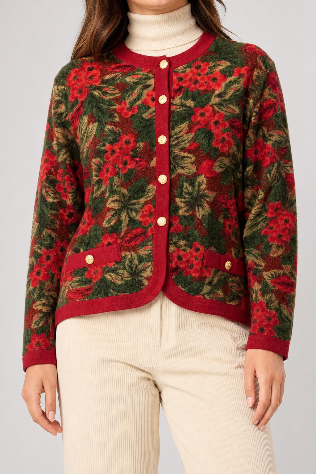 Cardigan fantasia floreale rosso verde bottoni oro vintage – Donna Taglia XL
