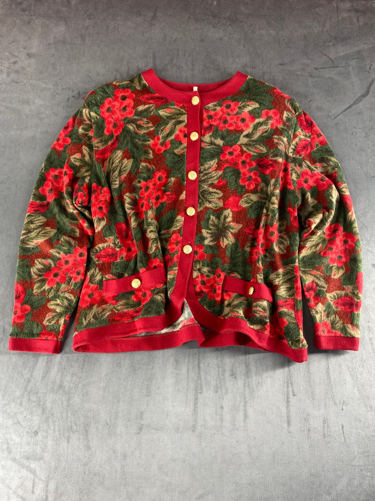 Cardigan fantasia floreale rosso verde bottoni oro vintage – Donna Taglia XL