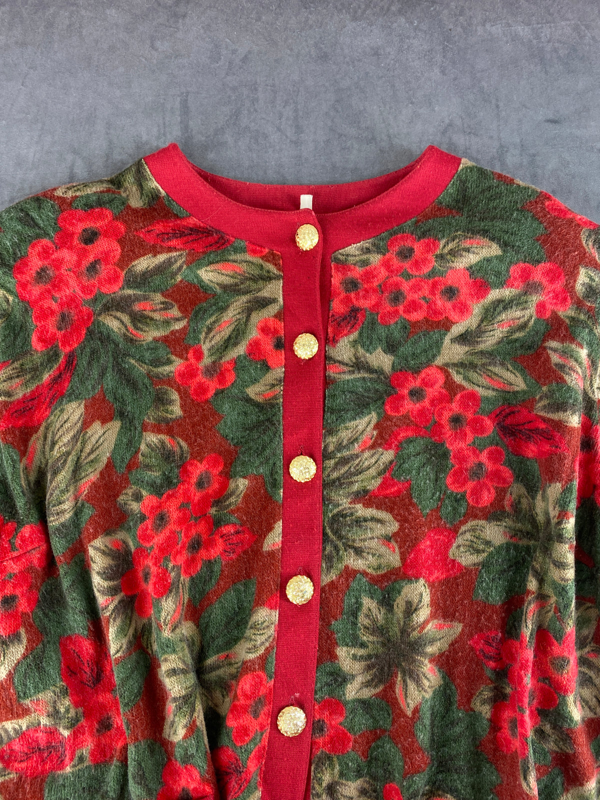 Cardigan fantasia floreale rosso verde bottoni oro vintage – Donna Taglia XL