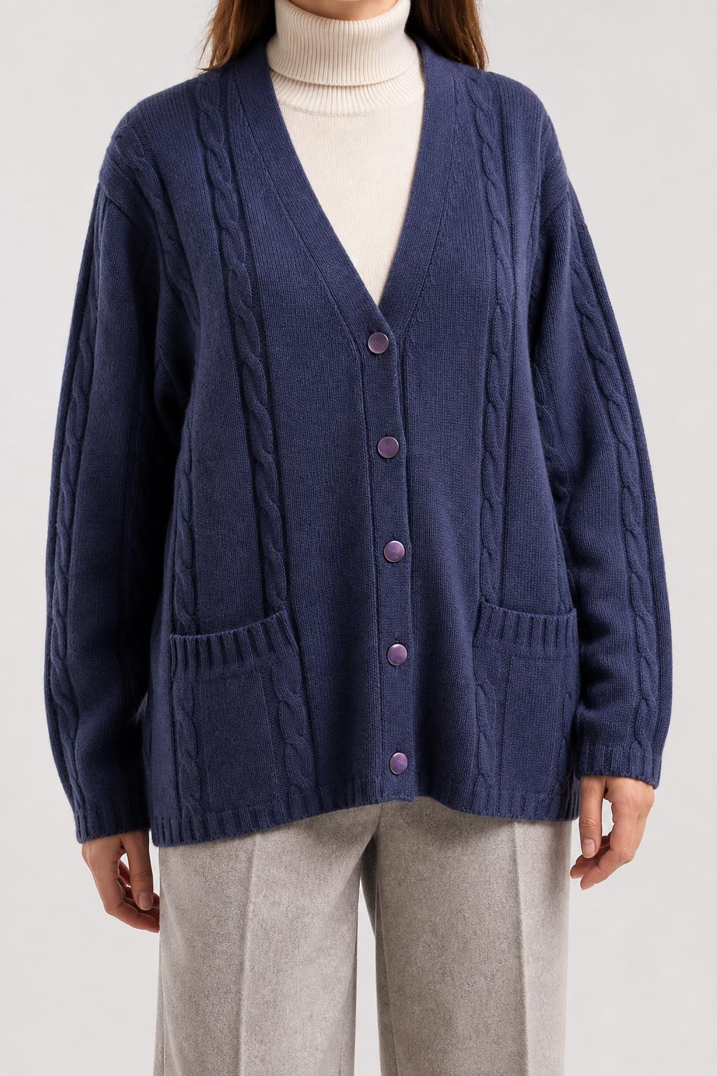 Cardigan scollo a V lana Rex blu navy trecce vintage – Donna Taglia XL