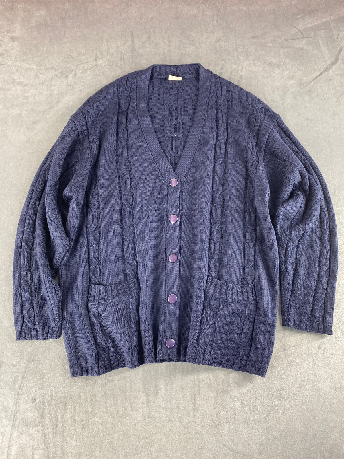 Cardigan scollo a V lana Rex blu navy trecce vintage – Donna Taglia XL