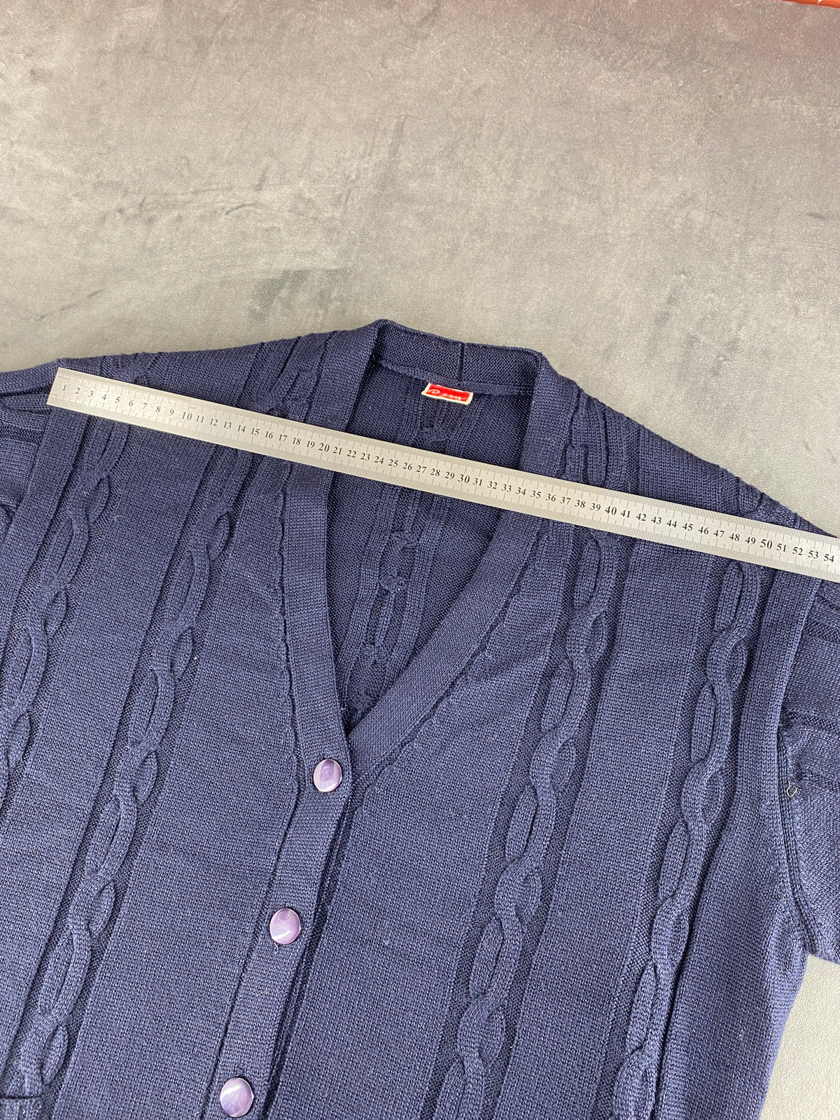 Cardigan scollo a V lana Rex blu navy trecce vintage – Donna Taglia XL