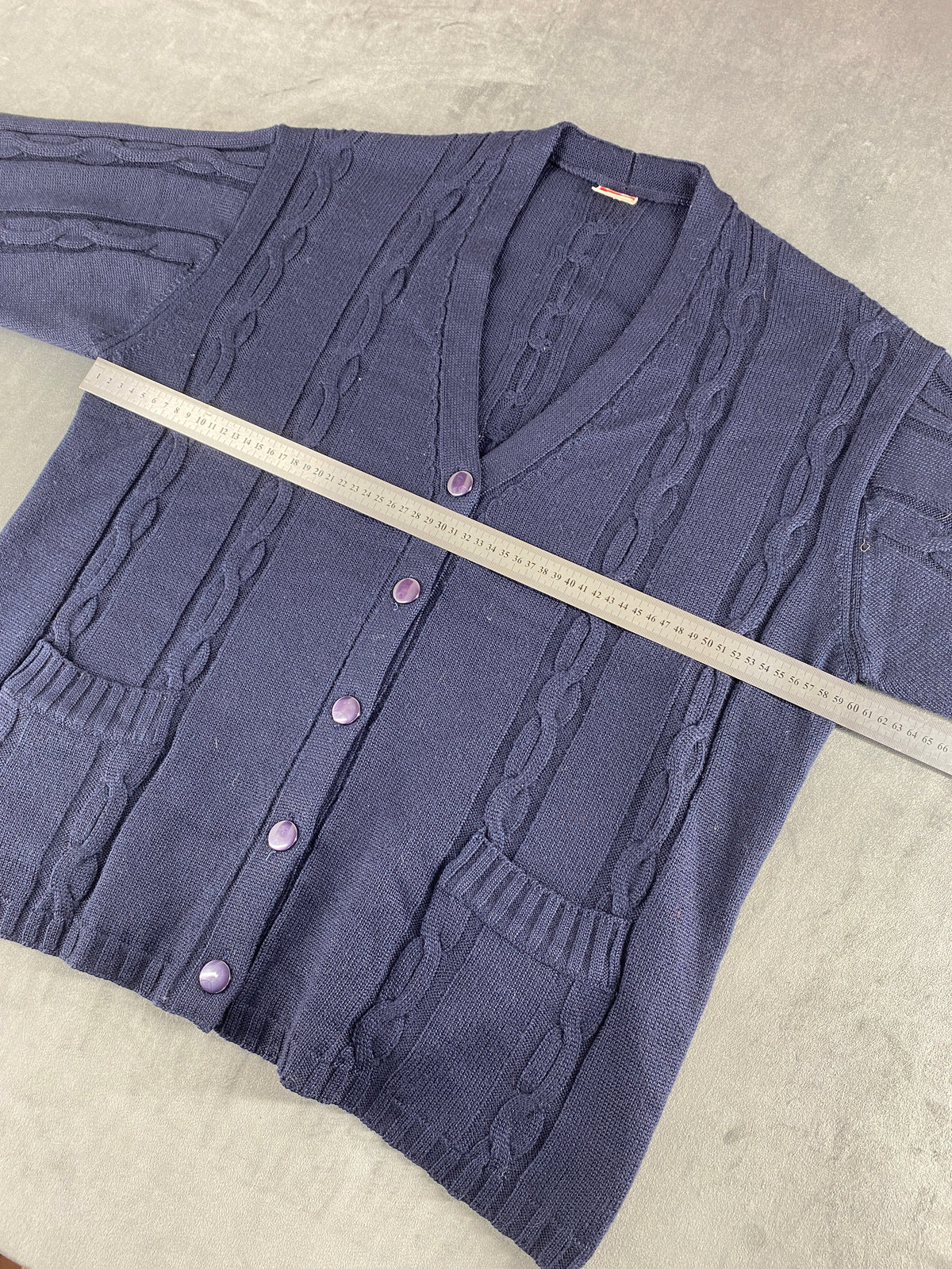 Cardigan scollo a V lana Rex blu navy trecce vintage – Donna Taglia XL