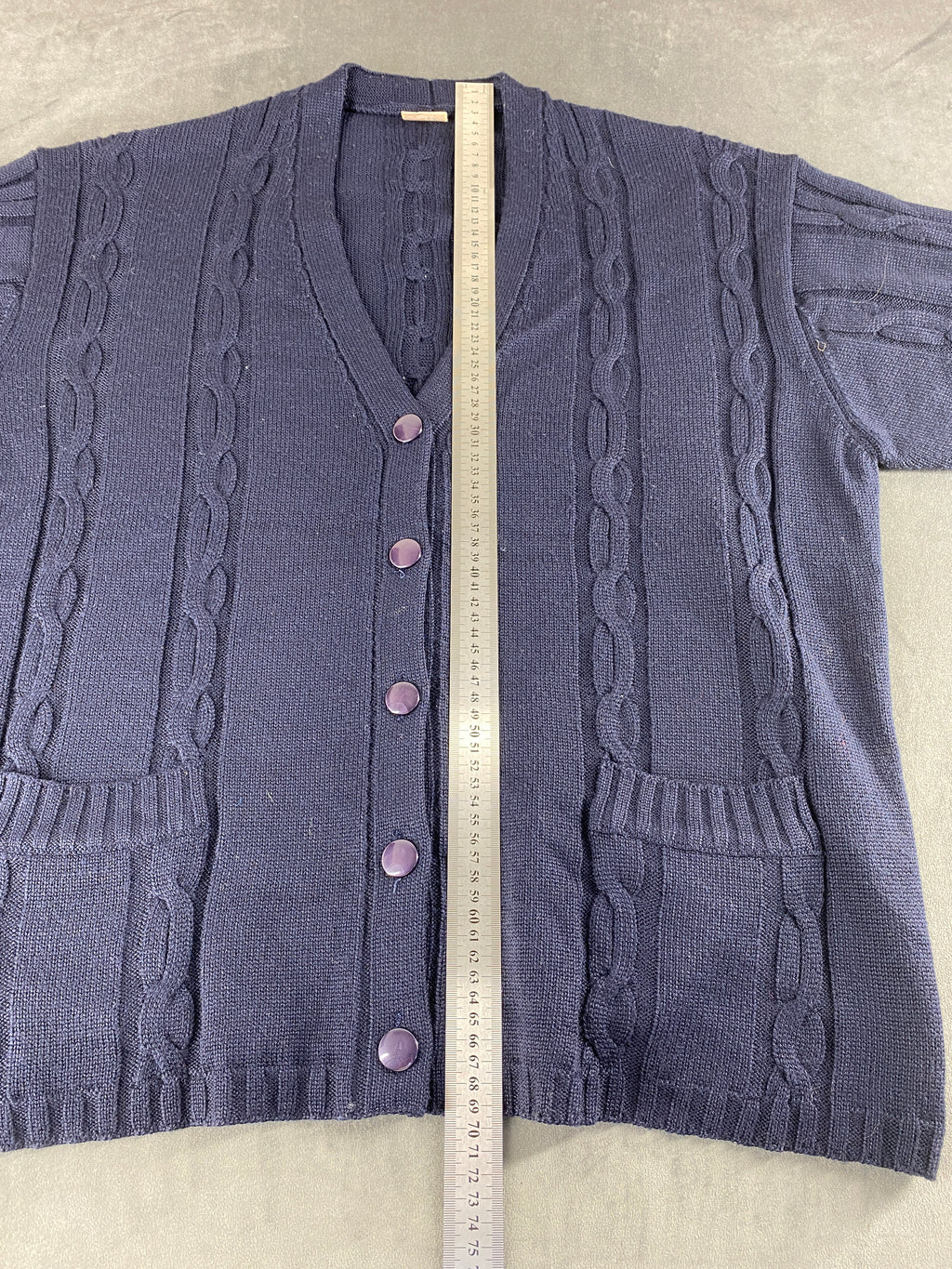 Cardigan scollo a V lana Rex blu navy trecce vintage – Donna Taglia XL